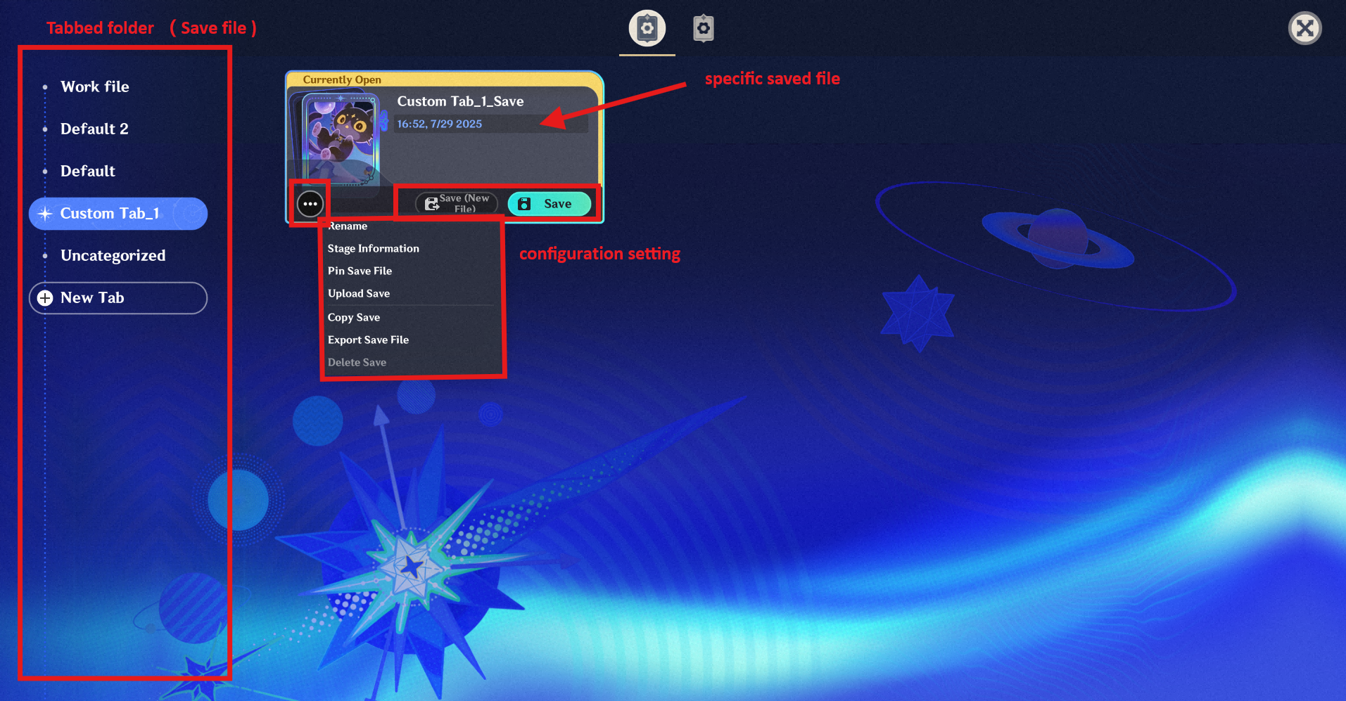 [New Tab] and [Rename Save File] are the two most common operations ...