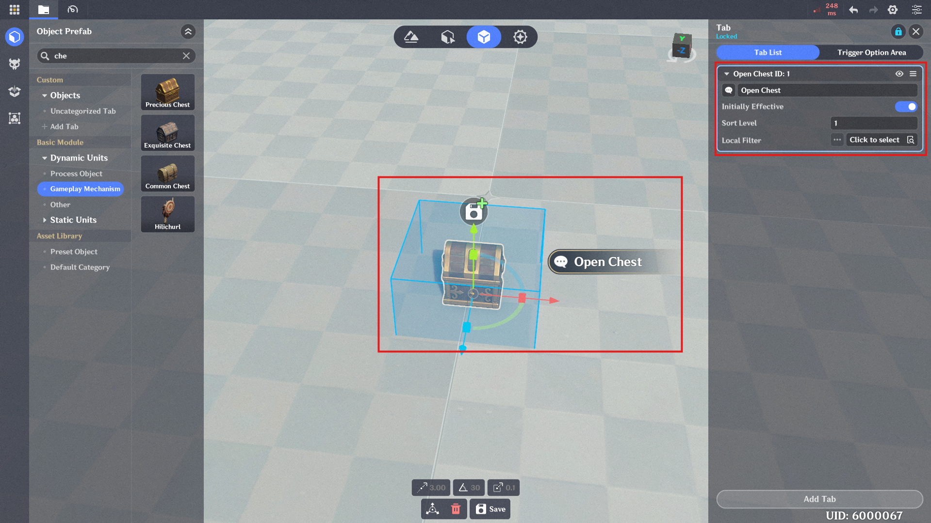 2. Create a guidance cue for the interactive chest in In-Game Editor